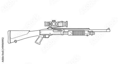 Tactical Shotgun with Scope - Line Art Illustration