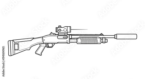 Tactical Shotgun with Red Dot Sight and Suppressor - Line Art Illustration