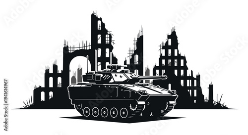 Tank in Ruined Cityscape Silhouette