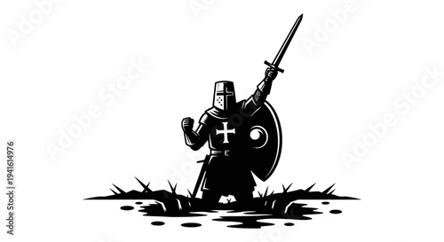 Templar Knight Warrior Raising Sword and Shield in Victory, Black and White