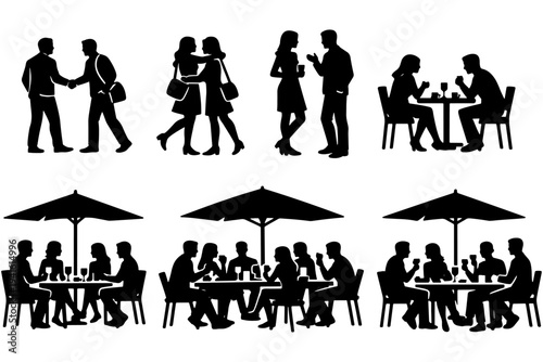 Silhouette Collection of People Meeting in Cafe and Outdoor Restaurant