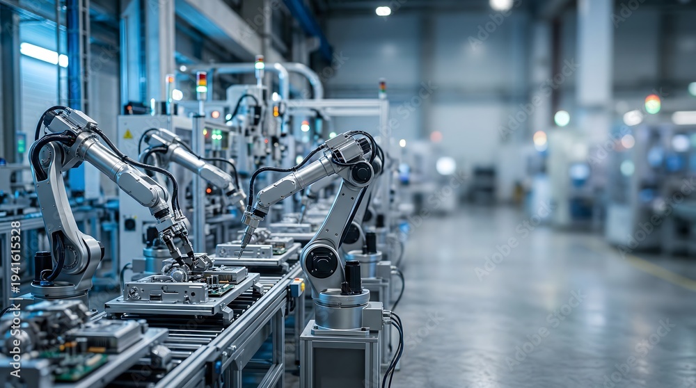 Fototapeta premium Robotic arms assembling electronic components on automated production line of modern industrial automation