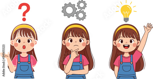 Cute Cartoon Girl Thinking Process Showing Question Mark for Confusion Gears for Logical Processing and Lightbulb for Creative Solution Idea