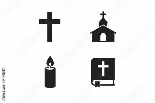 Christian symbols: cross, church, candle, and bible icons in black silhouette