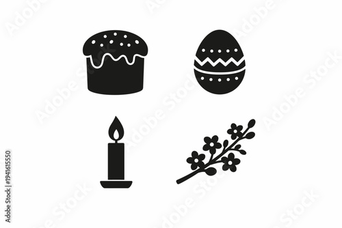 Easter symbols: easter cake, decorated egg, candle, blossoms
