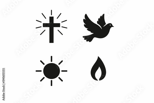 Set of religious symbols: cross, dove, sun, flame icons on white background