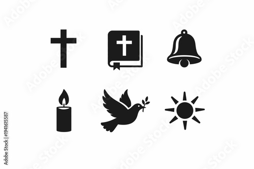 Set of 6 religious icons including cross, bible, bell, candle, dove, sun