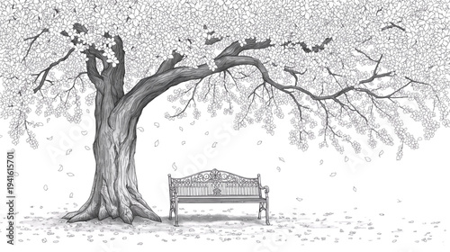 Cherry Blossom Tree with a Decorative Park Bench and Falling Petals Against a Transparent Background