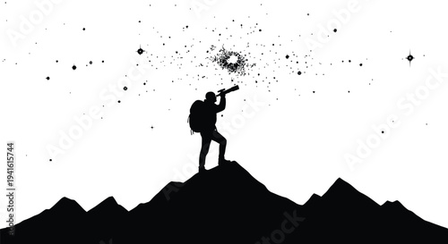 Man exploring galaxy from mountain concept