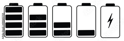 Battery level indicators line icon set. Power and Charging Status Symbols. Battery charge level indicators showing full to empty states. Vector illustration eps 10 .
