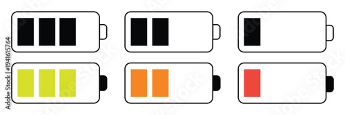 Battery icon set in black and colours. Colourful style vector icons. Battery charge indicator. Battery level, energy, full. Power low up status batteries logo. vector icons eos 10.
