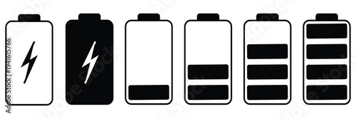 Battery level indicators line icon set. Power and Charging Status Symbols. Battery charge level indicators showing full to empty states. Vector illustration eps 10 .