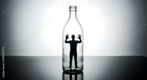 Man trapped inside a glass bottle with hands raised in frustration