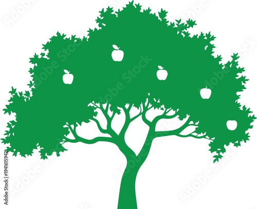 Minimalist Black Apple Tree Silhouette Illustration with Fruit Icons on White Background