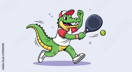 Cartoon Alligator Playing Tennis with Racket and Ball.
