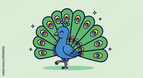 Cute Blue Peacock with Green Feathers Standing on One Leg.