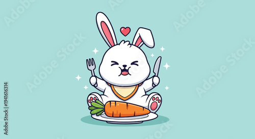 Cute Bunny Ready to Eat a Carrot with Fork and Knife.