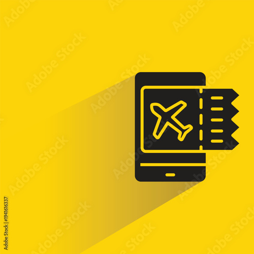 airline ticket on smartphone icon with shadow on yellow background