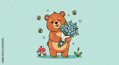 Cute cartoon bear holding a bouquet of blue flowers with bees and mushrooms Vector Illustration.