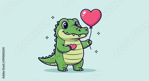 Cute Cartoon Alligator Holding Heart Balloon.