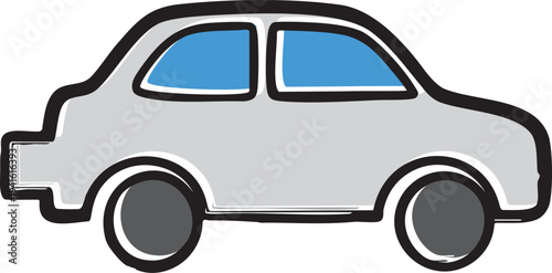 Minimalist hand-drawn gray car illustration with blue windows, simple vector sketch of a small sedan for transport concept, cute doodle style automobile isolated on white