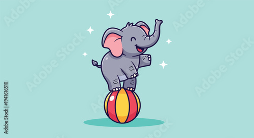 Cute Cartoon Elephant Balancing on a Ball.