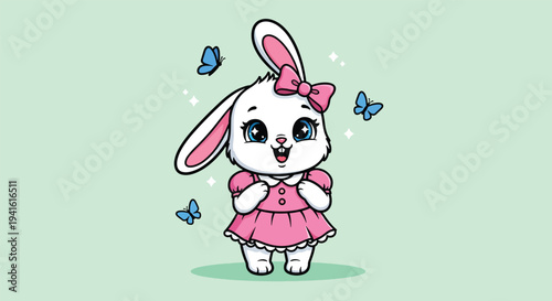 Cute cartoon bunny in pink dress with butterflies Vector Illustration.