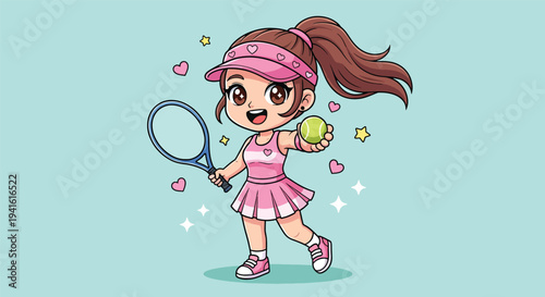 Cute Cartoon Girl Playing Tennis with Racket and Ball.
