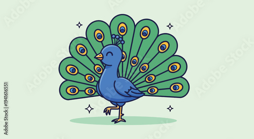 Cute Cartoon Peacock with Feathers Spread.