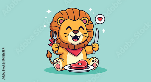 Cute Cartoon Lion Eating Steak with Fork and Knife.