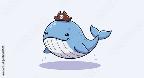 Cute cartoon whale wearing a pirate hat illustration.
