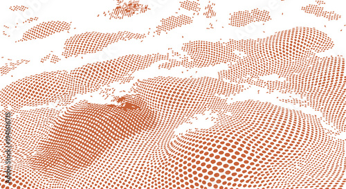Orange abstract topographic map style background with halftone dots, seamless pattern