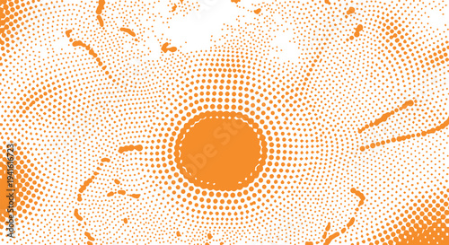 Orange sunburst halftone pattern background with abstract circular elements