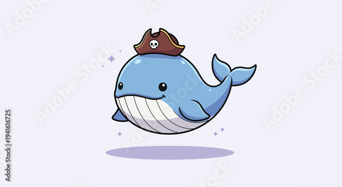 Cute Cartoon Whale Wearing Pirate Hat Vector Illustration.