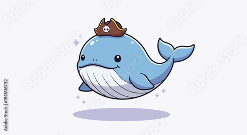Cute Cartoon Whale Wearing Pirate Hat Illustration.
