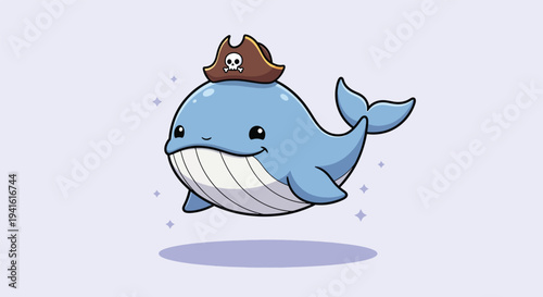 Cute Cartoon Whale Wearing Pirate Hat.