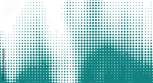 Teal halftone dots forming abstract landscape or cityscape silhouette on white background