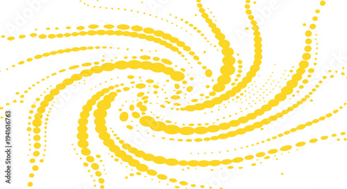 Swirling yellow halftone dots creating dynamic abstract spiral on white background
