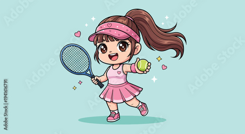 Cute Chibi Girl Playing Tennis with Racket and Ball Vector Illustration.