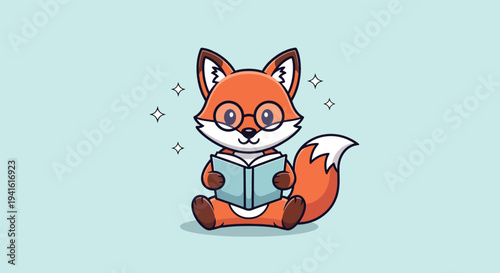 Cute Fox Reading Book Cartoon Vector Illustration.