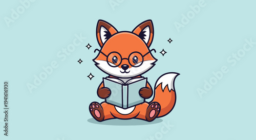 Cute Fox Reading Book with Glasses Cartoon Vector Icon Illustration.