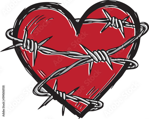 unique Red heart wrapped in silver barbed wire, hand-drawn vector sketch of heartbreak, painful love, and protection concept, minimalist doodle illustration isolated on white