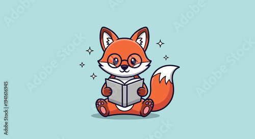 Cute Fox Wearing Glasses Reading Book Cartoon Vector.