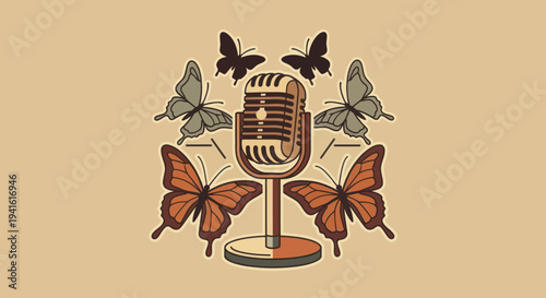 Vintage Microphone Surrounded by Butterflies Illustration.