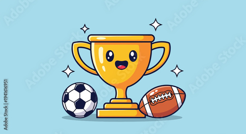 Cute Golden Trophy with Soccer and Football Balls.