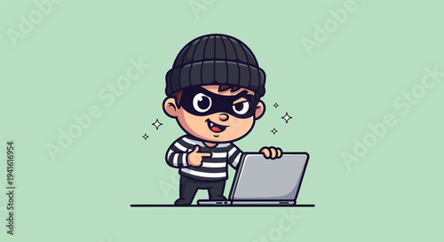 Cute Hacker Boy with Laptop Cartoon Vector.