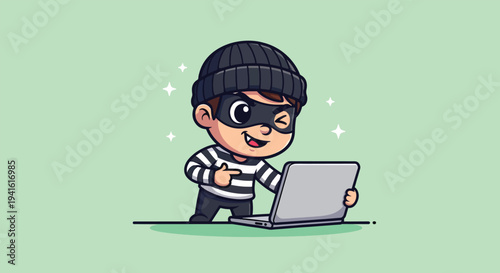 Cute Hacker Thief Winking and Pointing at Laptop Cartoon Vector.