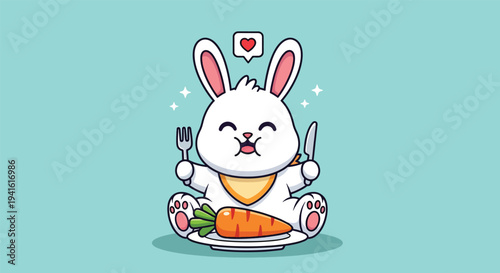 Cute Happy Bunny Eating Carrot with Fork and Knife.