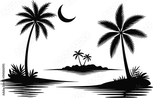 Island Palm Poster, three palm trees on separate islands with serene ocean backdrop in retro travel wall art style