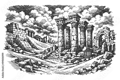 Ancient Roman Temple Ruins with Stone Columns and Fallen Pillars in Desert Landscape Hand Drawn Woodcut Engraving Style Vector Illustration Graphic Asset